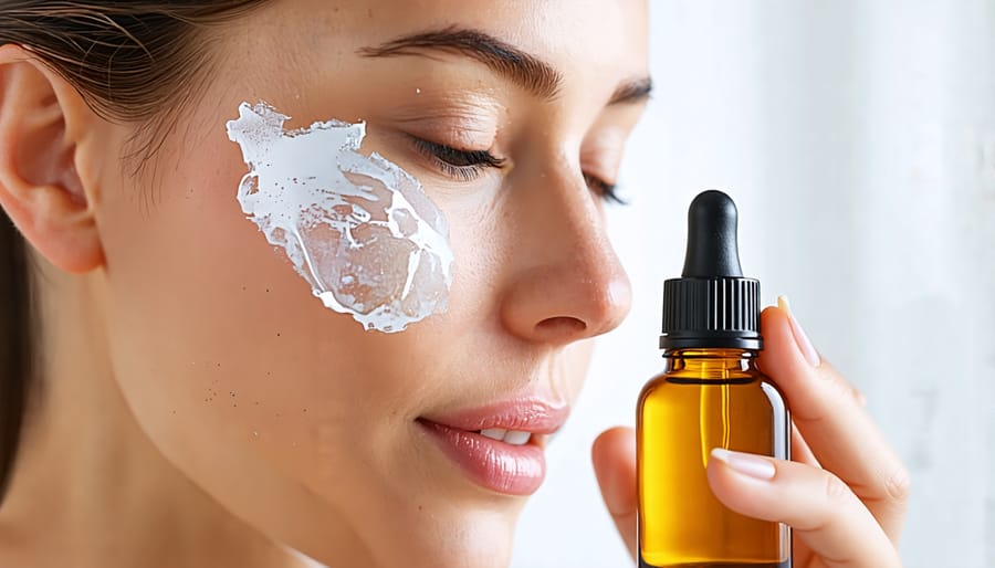 Close-up of a woman's face as she applies facial oil from a glass dropper bottle