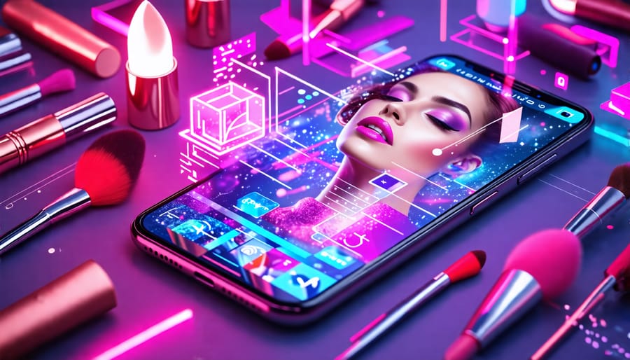 A smartphone displaying an augmented reality beauty app interface with virtual makeup products, illustrating the revolution in beauty experimentation and personalization.