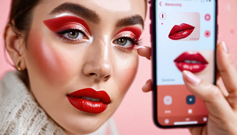 Demonstration of using augmented reality makeup app to test different lipstick colors