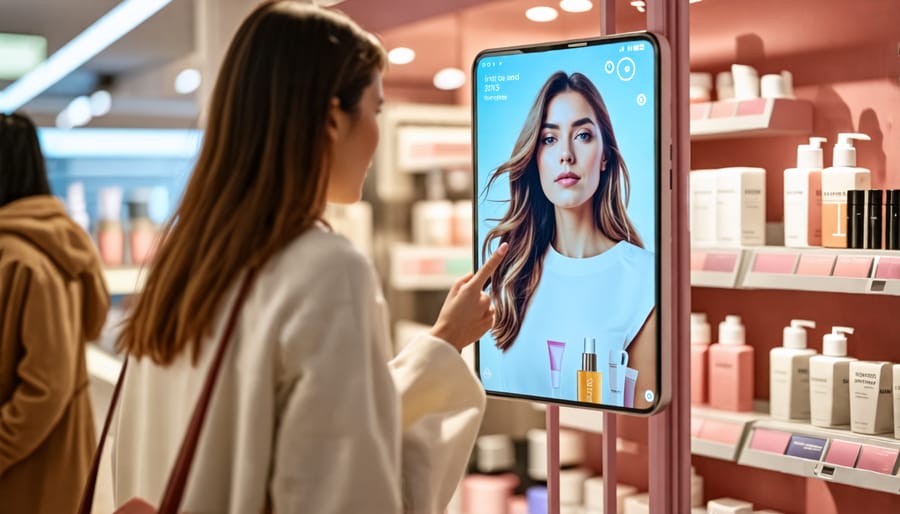 Woman using augmented reality-enabled smart mirror while shopping for beauty products in store