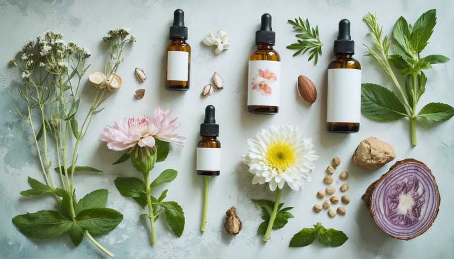 A flatlay of artisanal skincare products displayed with fresh flowers and herbs, representing the natural and handcrafted essence of artisanal beauty.