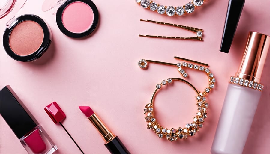 A selection of cosmetics surrounded by jewelry and hairpins, illustrating the link between beauty and fashion accessories