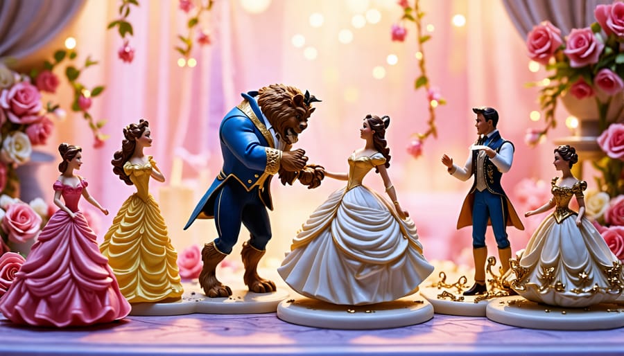 "Detailed figurines of Beauty and the Beast characters, including the enchanted rose and ballroom dance scene, elegantly displayed in a collection."