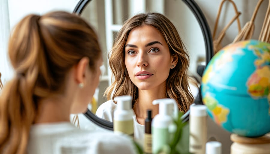 "Woman examining ethical beauty products with eco-friendly packaging and certification labels, reflecting on global sustainability."