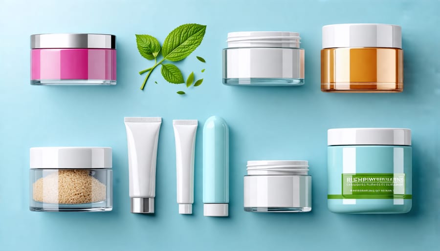 Used beauty product containers like jars, tubes and bottles prepared for recycling or upcycling