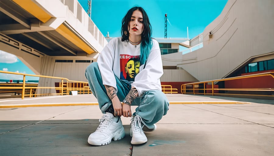 Billie Eilish's signature edgy style with an oversized graphic tee and bold sneakers