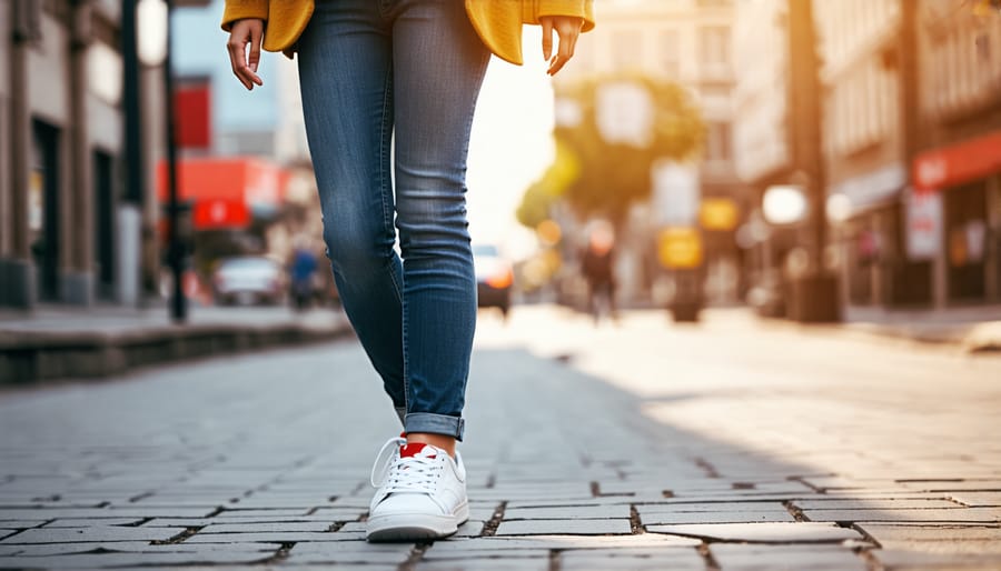 Fashionable woman styled in a blazer with sneakers for a smart casual look