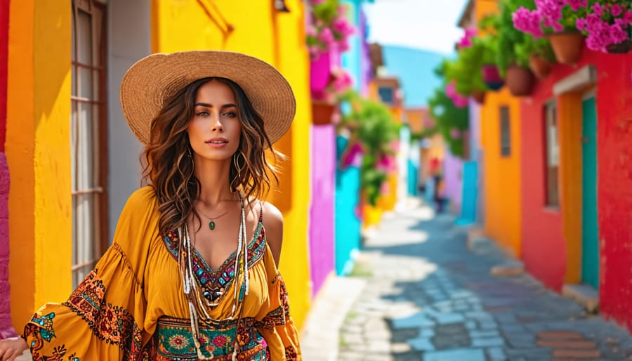 Free-spirited woman embracing her bohemian fashion sense in a lively urban setting