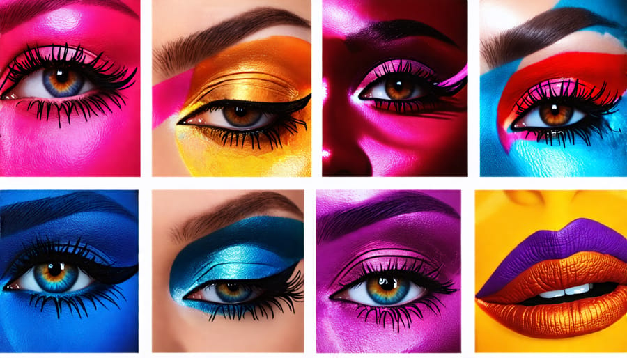 A vibrant collage of colorful makeup swatches and products on various skin tones, illustrating the glamor and creativity of bold makeup transformation.