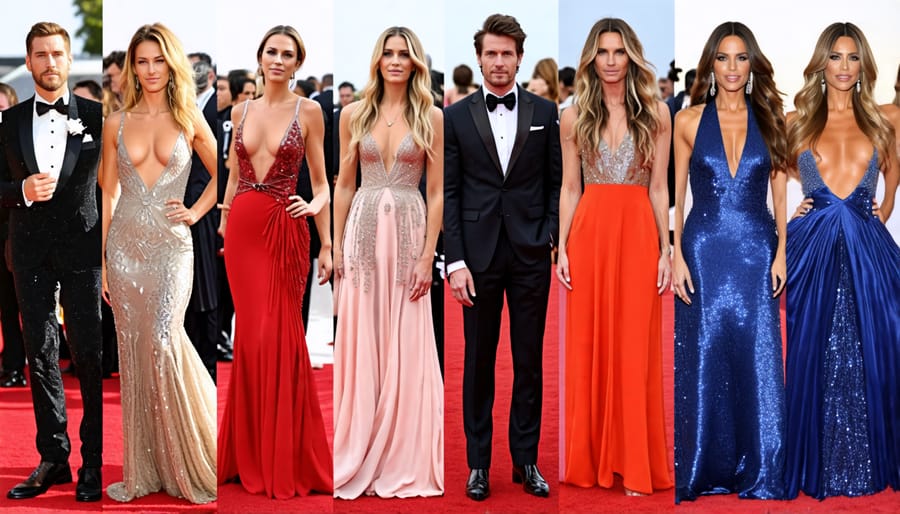 Celebrities dressed in elegant designer fashion at a red carpet event