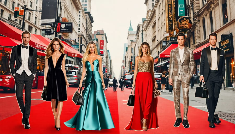 A stylish collage highlighting the contrast between celebrities in genuine designer outfits on the red carpet and wearing counterfeit versions in everyday settings, with visual hints of authenticity inspection.