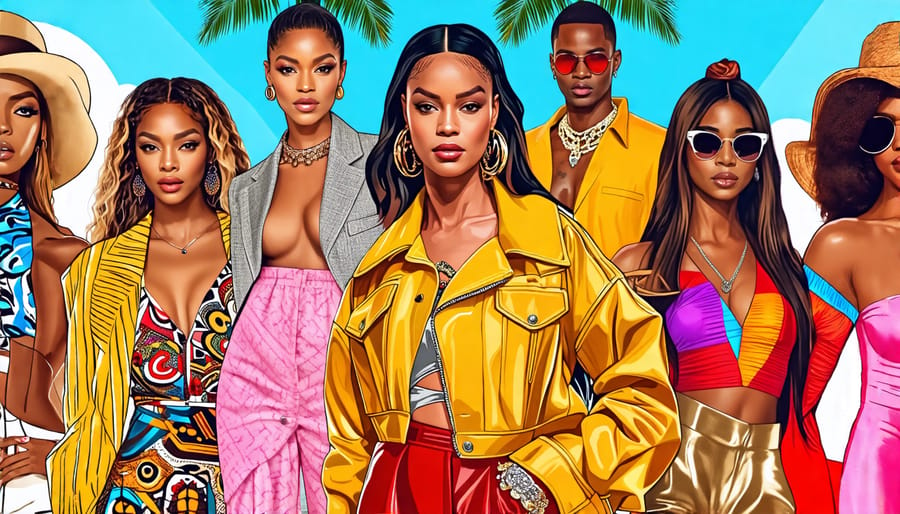 A collage featuring celebrities like Beyoncé, Zendaya, and Rihanna, dressed in distinct fashion trends from different eras, illustrating bold and classic styles.