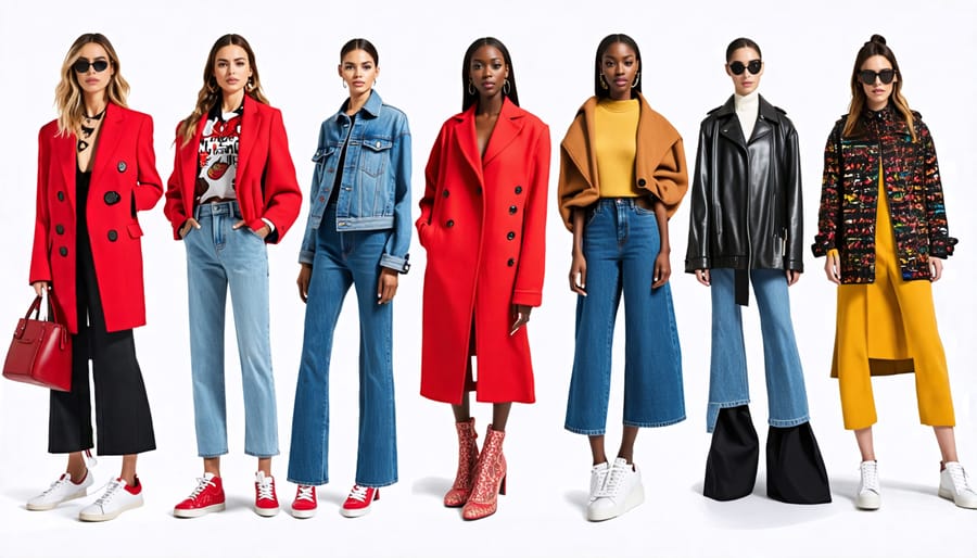 A collage of seven fashion styles inspired by celebrities, featuring an oversized blazer, statement coat, structured dress, graphic tee, sleek pumps, high-waisted jeans, and chunky sneakers.