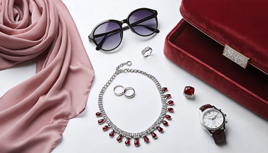 Flatlay of chic and luxurious fashion accessories, including bold jewelry, designer sunglasses, a silk scarf, and an elegant watch, arranged on a plush velvet background.