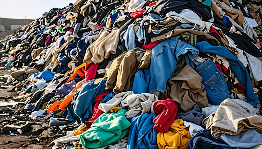 Mountains of wasted clothes piled high in a landfill site