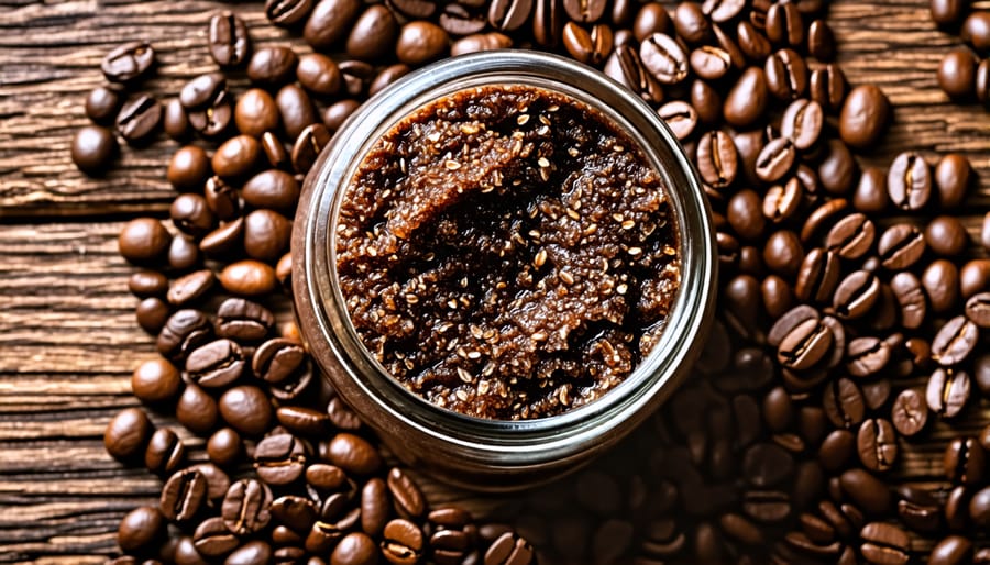 DIY coffee body scrub in a glass jar with coffee beans