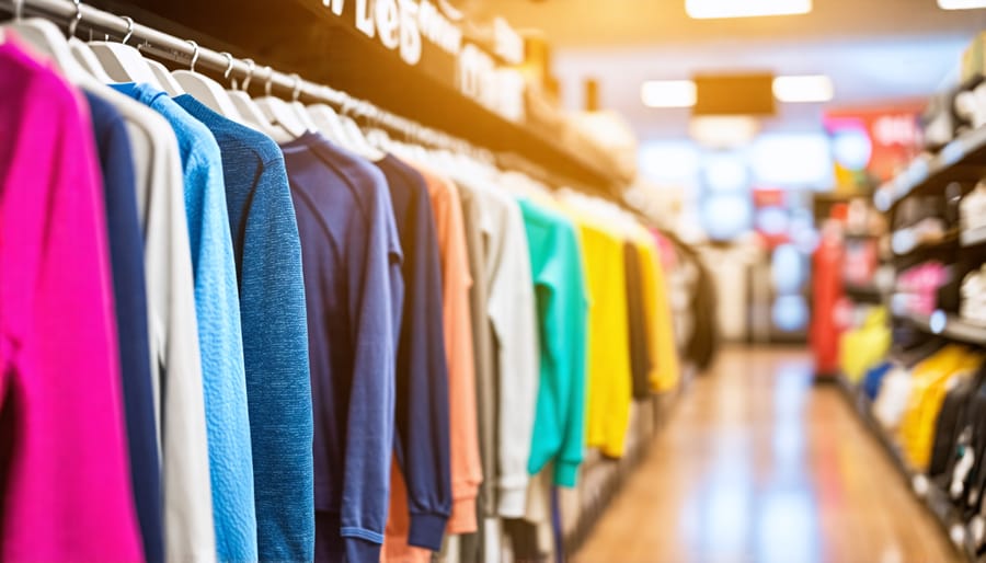 A variety of compression garments displayed in a fashion store, showcasing different styles and colors