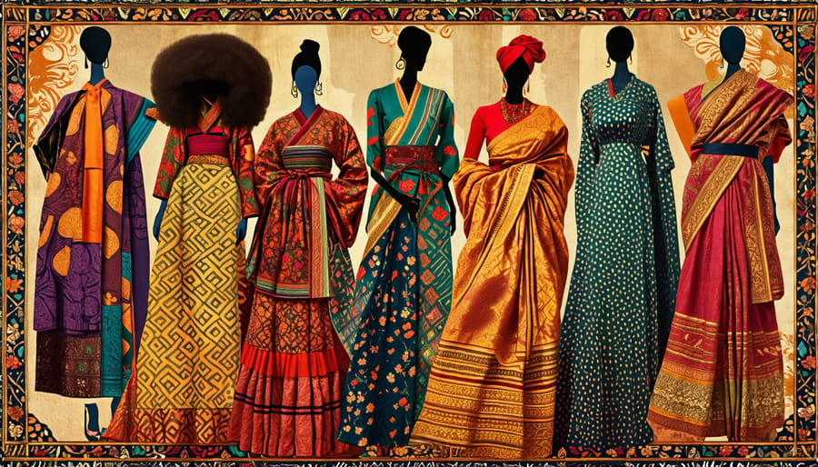 A tapestry showcasing a multicultural blend of traditional and modern fashion, with patterns representing diverse cultural garments like kimonos, saris, and kente cloth, intertwined with modern fashion silhouettes.