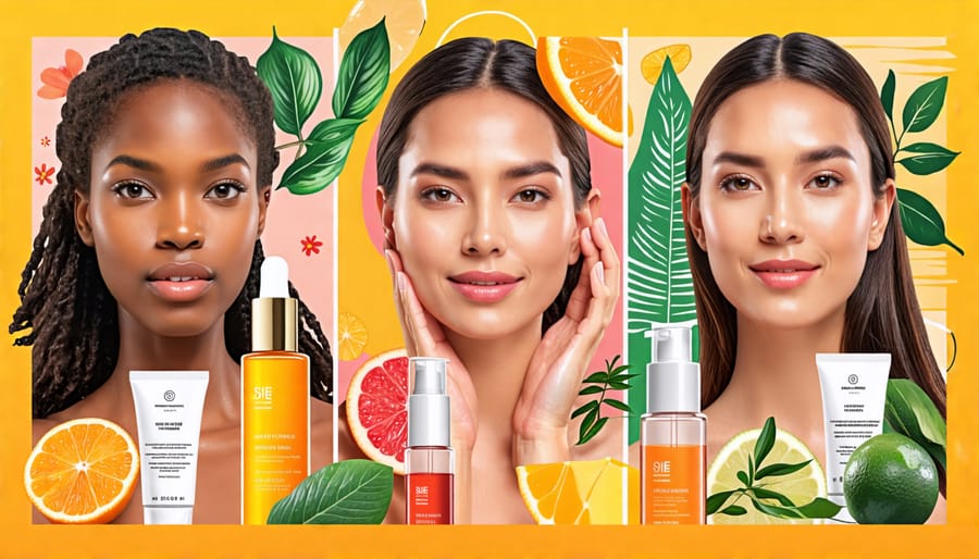 Collage showcasing various skincare products and diverse individuals, each representing a different skin type. Includes elements symbolizing the customization and layering process of a skincare routine.