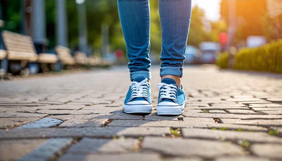 Woman in casual clothing with jeans and sneakers enjoying an outdoor atmosphere