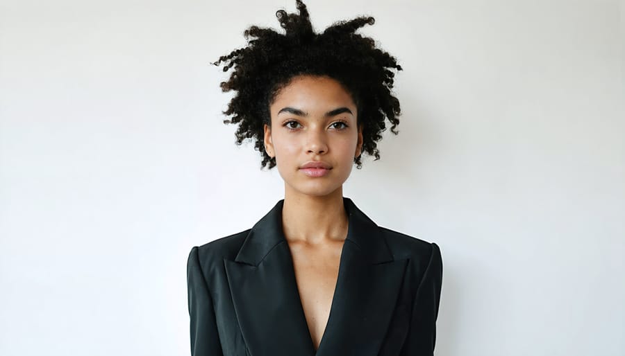 [Designer Name] poses in their fashion studio surrounded by fabric swatches and sketches