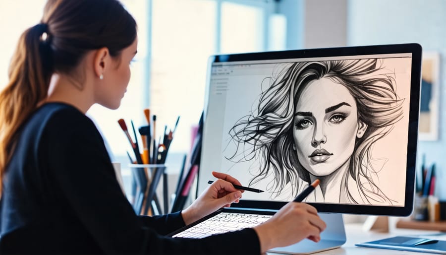 Designer creating fashion illustration with digital tools