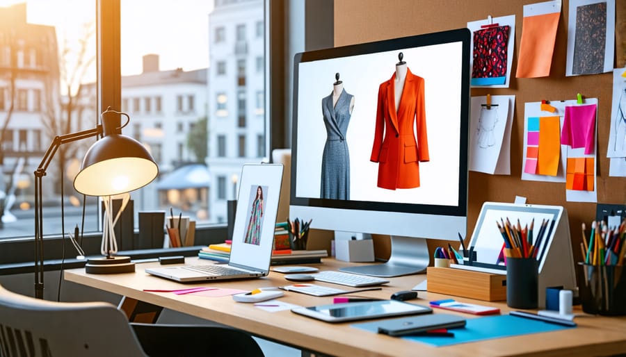 A fashion designer's workspace featuring digital tools, a 3D garment rendering on a screen, sketches, and fabric swatches, illustrating the integration of technology in fashion design.