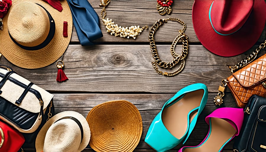 A variety of fashion accessories such as hats, bags, and jewelry spread out on a stylish table