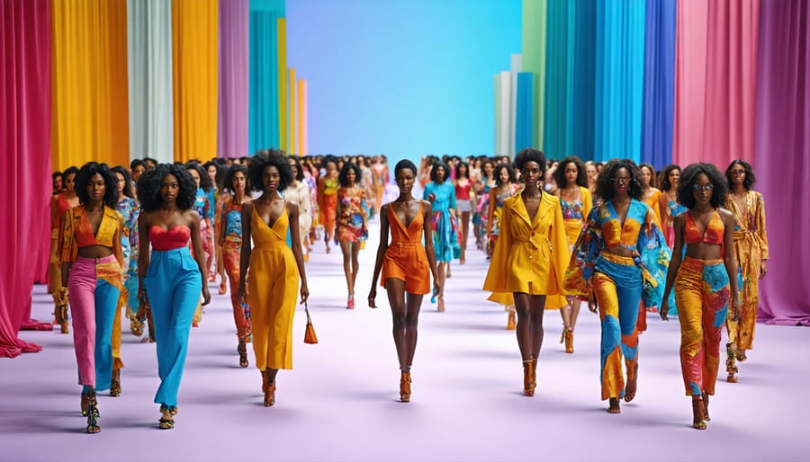 A conceptual image depicting a fashion runway with diverse models of various ethnicities, sizes, ages, and abilities, symbolizing the inclusivity and individuality of today's fashion world.