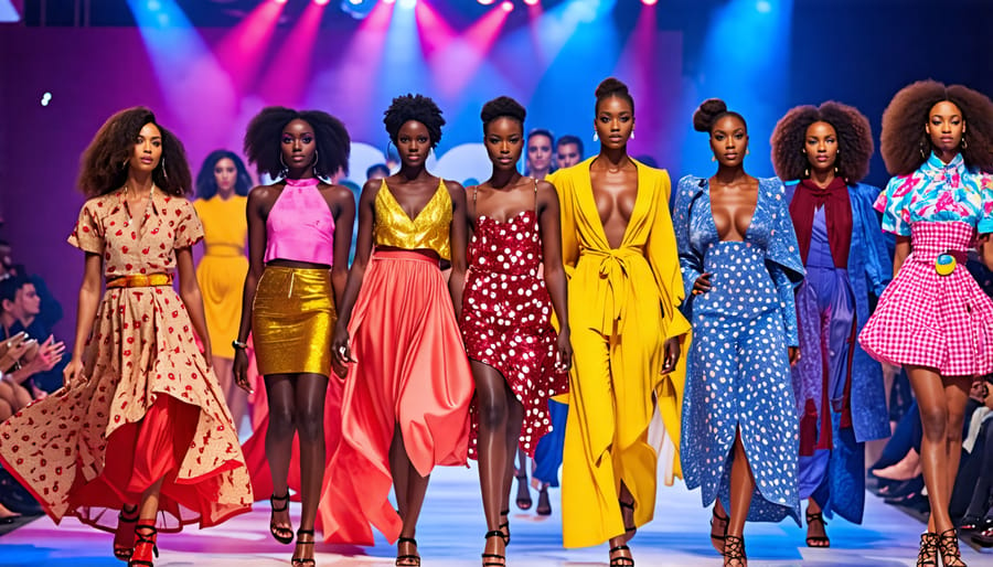 A diverse group of models of different ethnicities, sizes, and ages walking confidently on a fashion runway, each wearing distinctive designer outfits that celebrate inclusivity in the fashion industry.