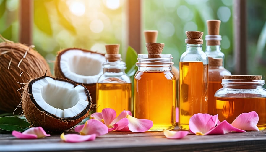 Serene workspace with natural ingredients for making DIY beauty products, including coconut oil, honey, essential oils, and rose petals.