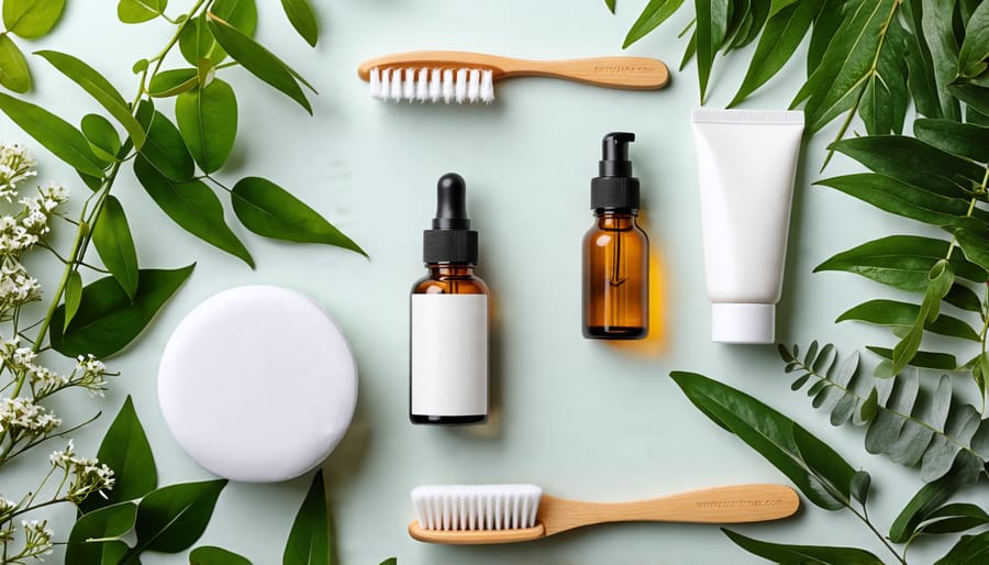 Flatlay of eco-friendly beauty products, including bamboo brushes and glass oil bottles, arranged on a backdrop of natural greenery.