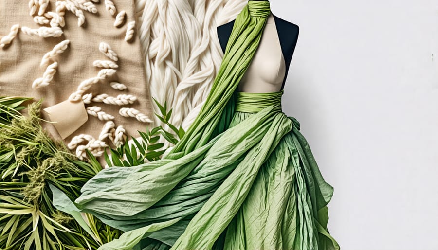 A conceptual representation of a stylish mannequin wearing a chic gown made from sustainable materials, surrounded by eco-friendly textile textures, depicting the harmony of fashion and sustainability.