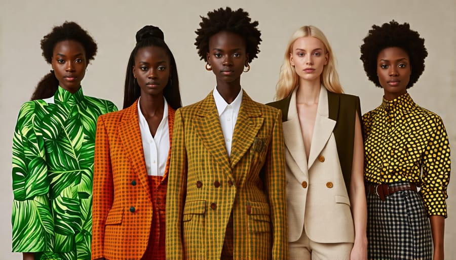 Stylish individuals wearing outfits crafted from sustainable materials, standing against a backdrop symbolizing eco-friendliness and diversity in the fashion industry.