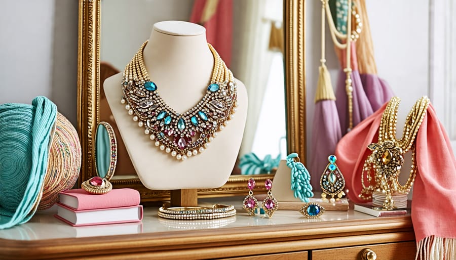 A stylish vanity table adorned with a collection of fashion accessories, including bold necklaces, scarves, and hats, reflecting the theme of personal style elevation through accessories.