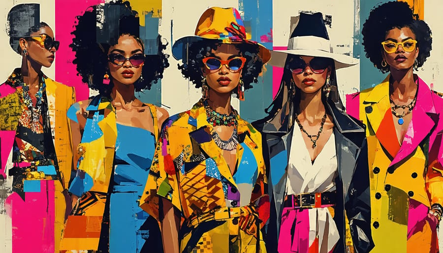 A colorful and diverse group of individuals expressing their personal style through fashion, representing various ages, sizes, and ethnic backgrounds. Each person is dressed in a unique outfit, reflecting their individuality and confidence.