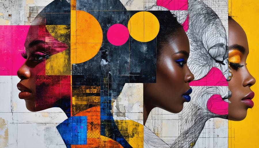 A creative collage depicting the innovative fashion designs of five emerging designers in 2023, with elements representing bold colors, diverse cultural influences, and avant-garde silhouettes.