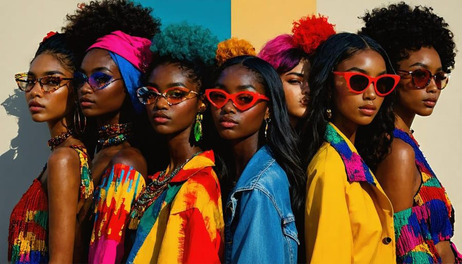 A diverse group of people displaying their unique fashion styles, illustrating empowerment and self-expression through vibrant colors and statement accessories.