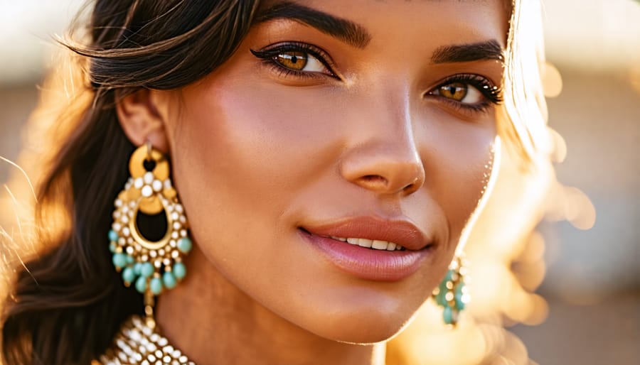 Confident woman wearing large earrings and a statement necklace, showcasing personal empowerment through fashion