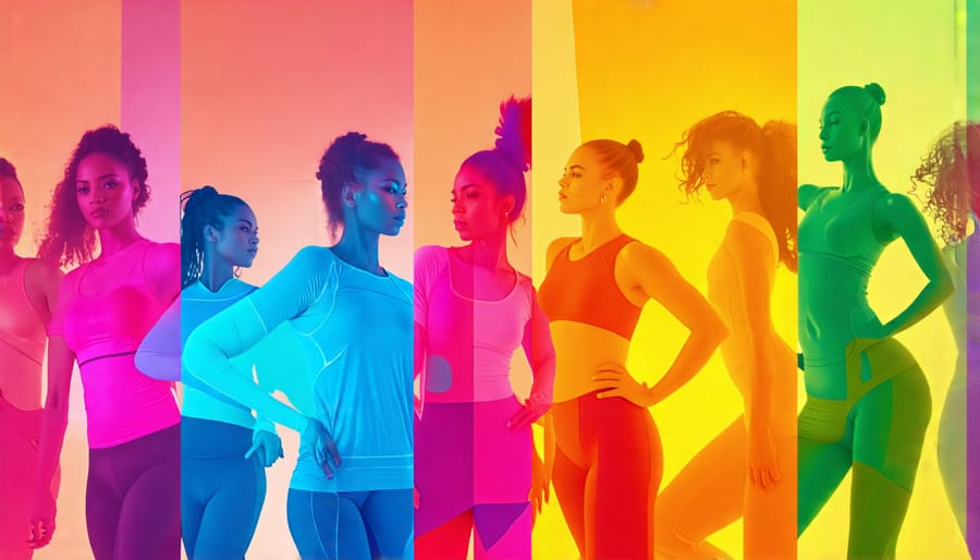 A confident woman wearing stylish compression garments, showcasing diverse styles and colors against a background symbolizing empowerment and transformation.