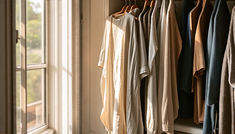 A wardrobe filled with clothing made from ethical fabrics, including organic cotton and peace silk, bathed in natural sunlight.