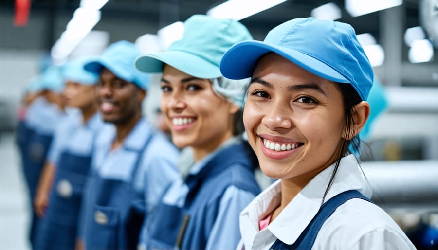 Happy employees in an ethical garment factory with fair labor practices