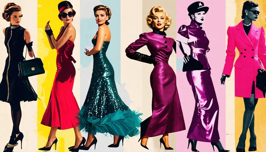 A collage depicting the evolution of celebrity fashion influence, from classic Hollywood icons like Audrey Hepburn and Marilyn Monroe to modern social media influencers, illustrating the impact on personal style trends.