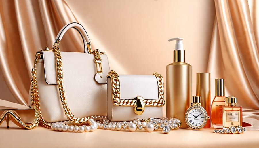 A sophisticated arrangement of designer handbags, sparkling jewelry pieces, trendy accessories, and luxury beauty products, representing a curated selection of gifts for fashion enthusiasts.