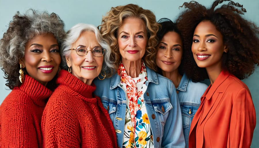 Diverse group of women of various ages and ethnicities, each flaunting a unique, stylish look in an urban setting, symbolizing the celebration of age diversity in fashion.