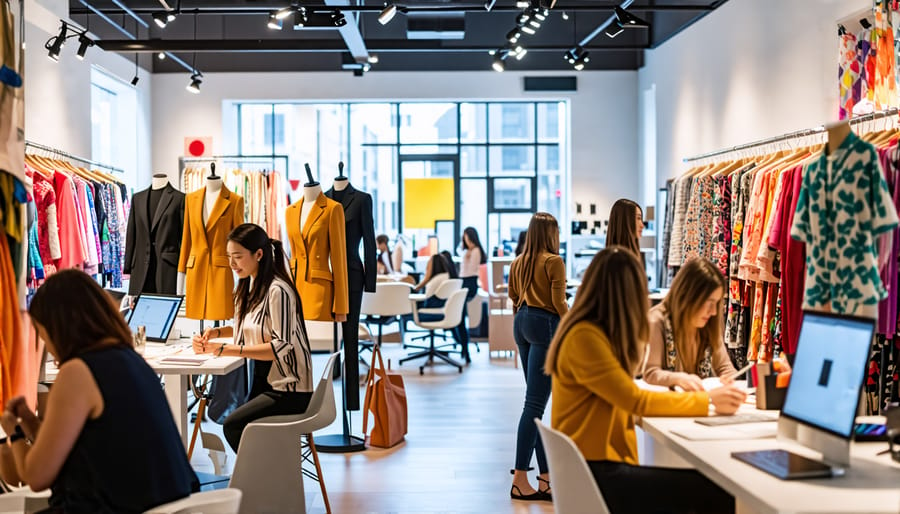 A lively fashion showroom showcasing designers, stylists, photographers, and entrepreneurs at work, highlighting various career paths in the fashion industry.