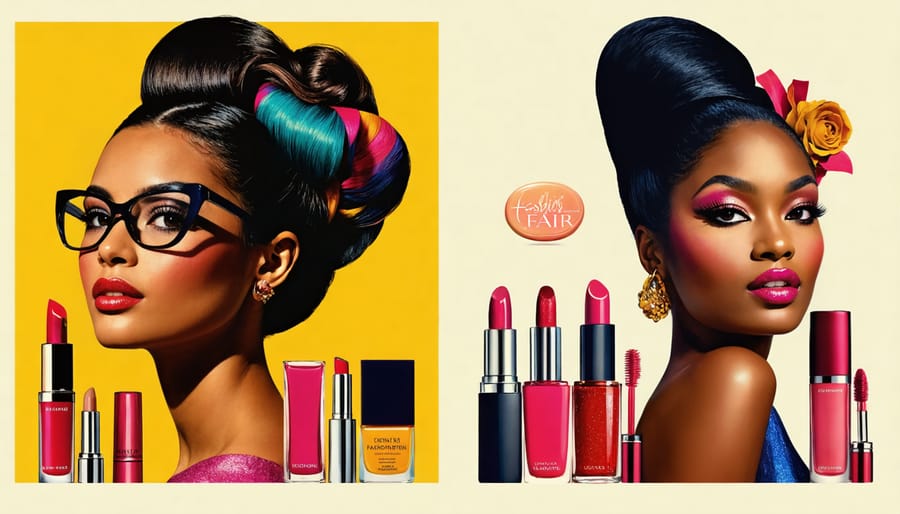 A dual-image illustration capturing the journey of Fashion Fair Cosmetics from the 1970s to today, highlighting women of color enjoying makeup from both eras, with iconic magazines in the backdrop symbolizing the brand's heritage and legacy.