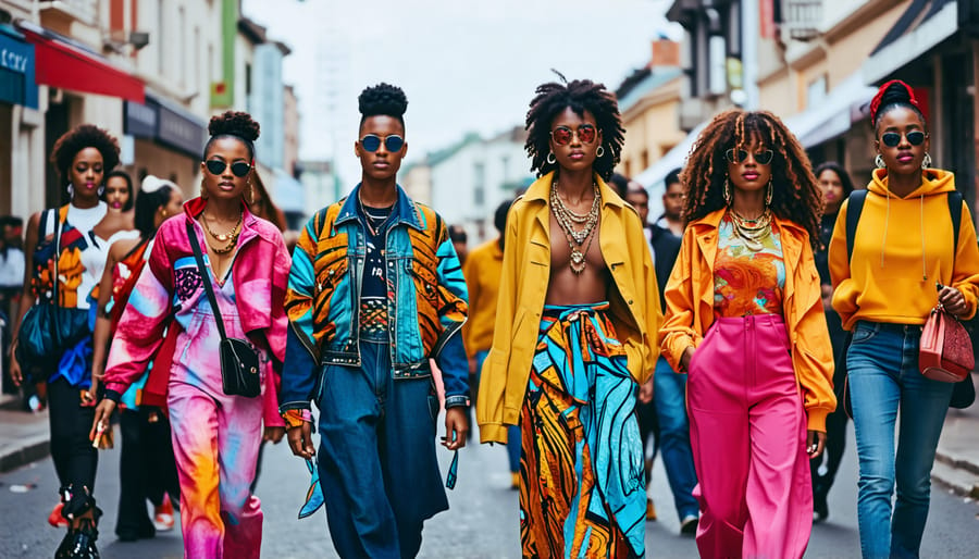 A diverse group of people confidently walking in a vibrant city, each showcasing personal and cultural style through unique outfits.