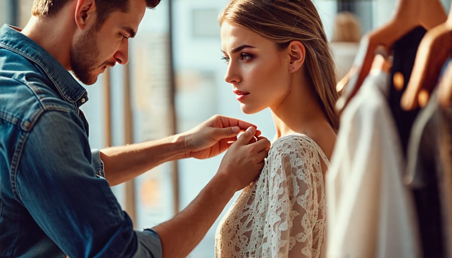 Stylist dressing and posing a model for a fashion photoshoot