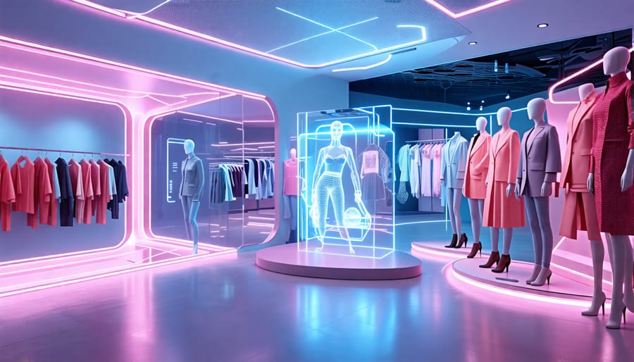 Futuristic fashion boutique featuring digital fitting room, smart mirror, and 3D-printed clothing reflecting innovative fashion tech trends.